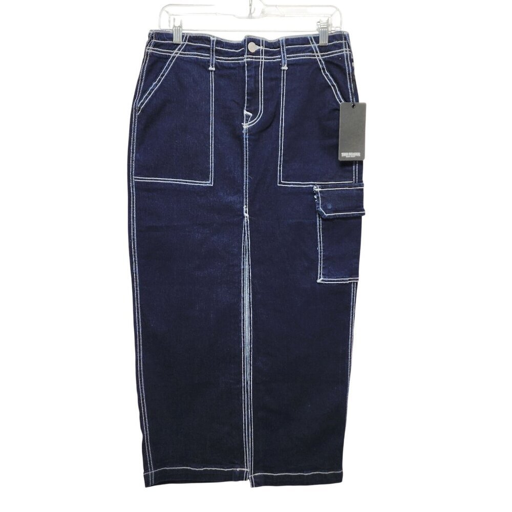 True Religion Womens Denim Cargo Maxi Skirt Size 28 Dark Wash Utility Pocket